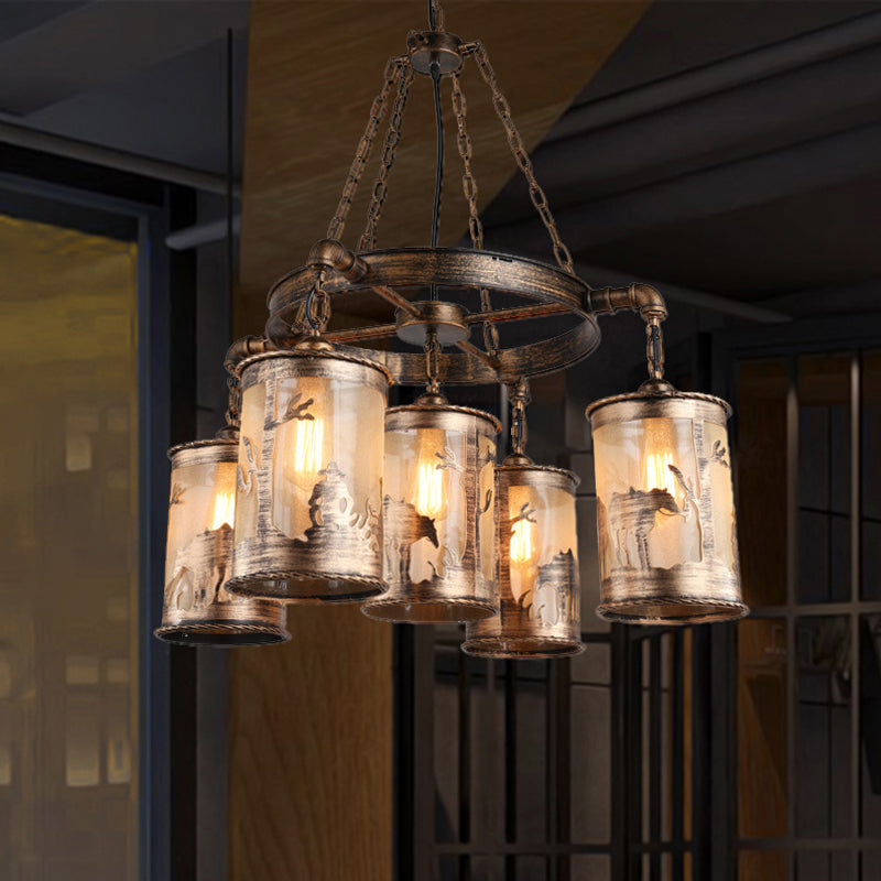 Antique Bronze Cylinder Shade Chandelier Lamp Coastal Metal and Fabric 5/7 Lights Living Room Hanging Light Clearhalo 'Cast Iron' 'Ceiling Lights' 'Chandeliers' 'Industrial Chandeliers' 'Industrial' 'Metal' 'Middle Century Chandeliers' 'Rustic Chandeliers' 'Tiffany' Lighting' 206406