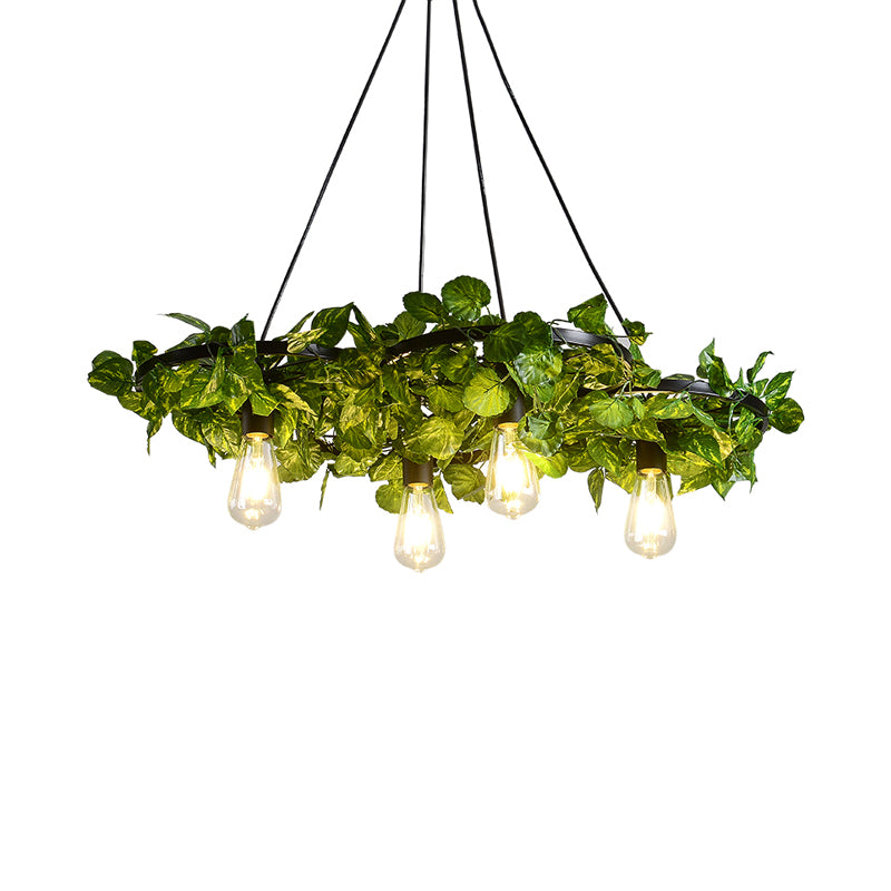 Green Chandelier Light Antique Iron Wagon Wheel Ceiling Lighting with Plant Decor for Restaurant Clearhalo 'Cast Iron' 'Ceiling Lights' 'Chandeliers' 'Industrial Chandeliers' 'Industrial' 'Metal' 'Middle Century Chandeliers' 'Rustic Chandeliers' 'Tiffany' Lighting' 2064060