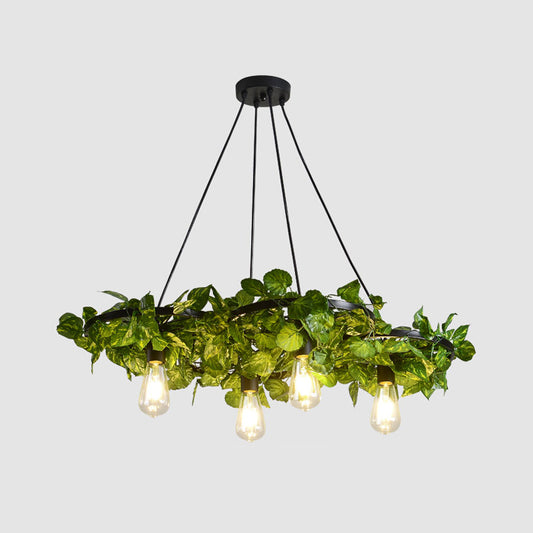 Green Chandelier Light Antique Iron Wagon Wheel Ceiling Lighting with Plant Decor for Restaurant Clearhalo 'Cast Iron' 'Ceiling Lights' 'Chandeliers' 'Industrial Chandeliers' 'Industrial' 'Metal' 'Middle Century Chandeliers' 'Rustic Chandeliers' 'Tiffany' Lighting' 2064061