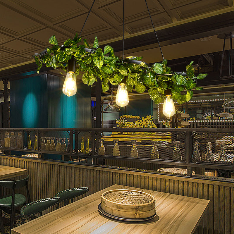 Green Chandelier Light Antique Iron Wagon Wheel Ceiling Lighting with Plant Decor for Restaurant Clearhalo 'Cast Iron' 'Ceiling Lights' 'Chandeliers' 'Industrial Chandeliers' 'Industrial' 'Metal' 'Middle Century Chandeliers' 'Rustic Chandeliers' 'Tiffany' Lighting' 2064063