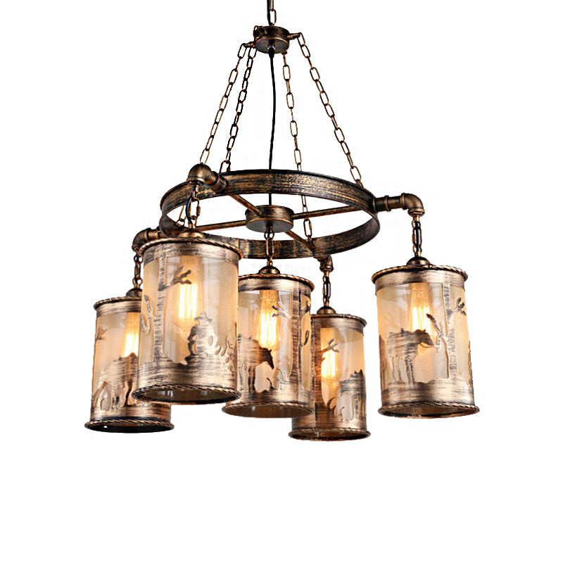 Antique Bronze Cylinder Shade Chandelier Lamp Coastal Metal and Fabric 5/7 Lights Living Room Hanging Light Clearhalo 'Cast Iron' 'Ceiling Lights' 'Chandeliers' 'Industrial Chandeliers' 'Industrial' 'Metal' 'Middle Century Chandeliers' 'Rustic Chandeliers' 'Tiffany' Lighting' 206407
