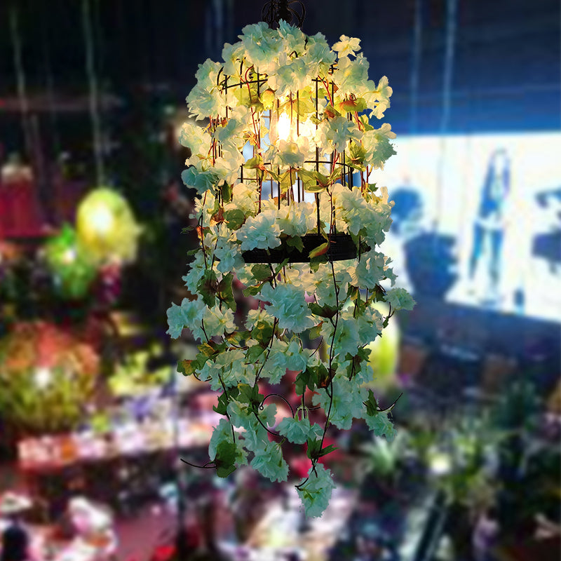 Birdcage Bar Ceiling Light Industrial Iron Single Light Green Hanging Pendant Light with Flower Decor Light Green Clearhalo 'Art Deco Pendants' 'Cast Iron' 'Ceiling Lights' 'Ceramic' 'Crystal' 'Industrial Pendants' 'Industrial' 'Metal' 'Middle Century Pendants' 'Pendant Lights' 'Pendants' 'Tiffany' Lighting' 2064070