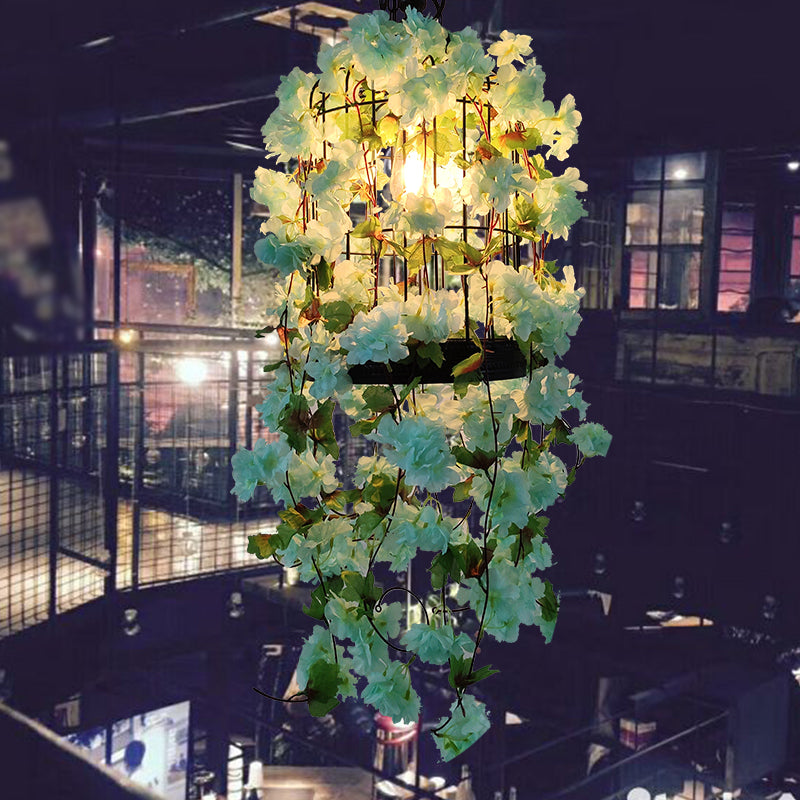 Birdcage Bar Ceiling Light Industrial Iron Single Light Green Hanging Pendant Light with Flower Decor Clearhalo 'Art Deco Pendants' 'Cast Iron' 'Ceiling Lights' 'Ceramic' 'Crystal' 'Industrial Pendants' 'Industrial' 'Metal' 'Middle Century Pendants' 'Pendant Lights' 'Pendants' 'Tiffany' Lighting' 2064072