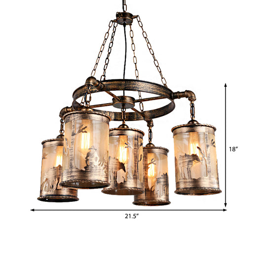 Antique Bronze Cylinder Shade Chandelier Lamp Coastal Metal and Fabric 5/7 Lights Living Room Hanging Light Clearhalo 'Cast Iron' 'Ceiling Lights' 'Chandeliers' 'Industrial Chandeliers' 'Industrial' 'Metal' 'Middle Century Chandeliers' 'Rustic Chandeliers' 'Tiffany' Lighting' 206408