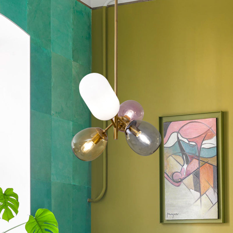 Brass Round Pendant Lighting Traditional Colorful Glass 4 Lights Living Room Chandelier with Sputnik Design Brass Clearhalo 'Ceiling Lights' 'Chandeliers' 'Glass shade' 'Glass' Lighting' 206409