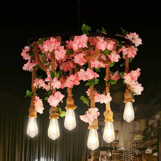 Wheel Iron Chandelier Light Rustic Restaurant Pendant Light Fixture with Plant Decor 6 Pink Clearhalo 'Ceiling Lights' 'Chandeliers' 'Industrial Chandeliers' 'Industrial' 'Middle Century Chandeliers' 'Tiffany' Lighting' 2064091