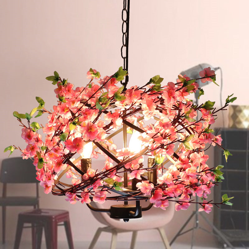 Metallic Cage Suspension Light Retro 4 Bulbs Restaurant Chandelier Light with Decorative Flower in Pink Pink Clearhalo 'Cast Iron' 'Ceiling Lights' 'Chandeliers' 'Industrial Chandeliers' 'Industrial' 'Metal' 'Middle Century Chandeliers' 'Rustic Chandeliers' 'Tiffany' Lighting' 2064092