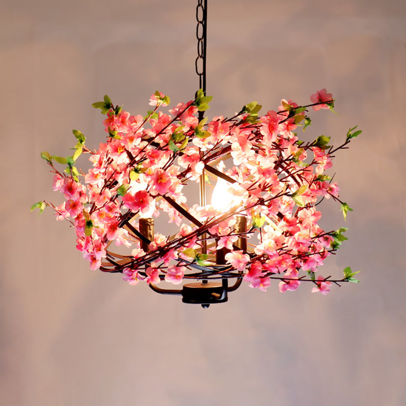 Metallic Cage Suspension Light Retro 4 Bulbs Restaurant Chandelier Light with Decorative Flower in Pink Clearhalo 'Cast Iron' 'Ceiling Lights' 'Chandeliers' 'Industrial Chandeliers' 'Industrial' 'Metal' 'Middle Century Chandeliers' 'Rustic Chandeliers' 'Tiffany' Lighting' 2064093