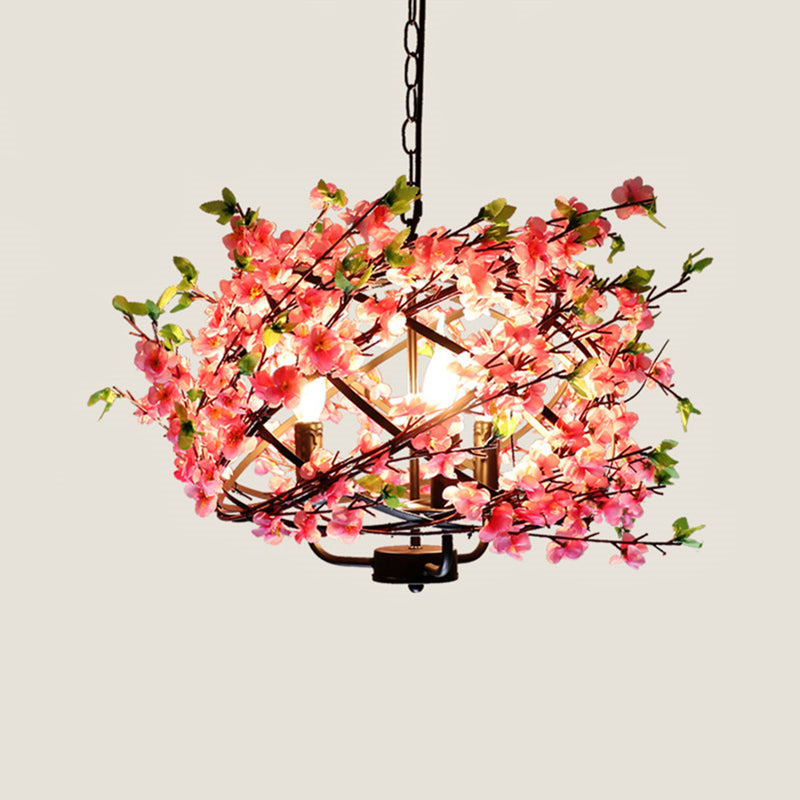 Metallic Cage Suspension Light Retro 4 Bulbs Restaurant Chandelier Light with Decorative Flower in Pink Clearhalo 'Cast Iron' 'Ceiling Lights' 'Chandeliers' 'Industrial Chandeliers' 'Industrial' 'Metal' 'Middle Century Chandeliers' 'Rustic Chandeliers' 'Tiffany' Lighting' 2064095
