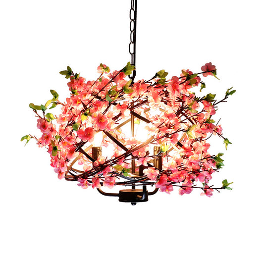 Metallic Cage Suspension Light Retro 4 Bulbs Restaurant Chandelier Light with Decorative Flower in Pink Clearhalo 'Cast Iron' 'Ceiling Lights' 'Chandeliers' 'Industrial Chandeliers' 'Industrial' 'Metal' 'Middle Century Chandeliers' 'Rustic Chandeliers' 'Tiffany' Lighting' 2064096