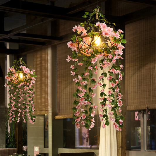 Pink Cage Chandelier Lighting Industrial Iron Restaurant Pendant Light with Artificial Cherry Blossom 1 Pink Clearhalo 'Cast Iron' 'Ceiling Lights' 'Chandeliers' 'Industrial Chandeliers' 'Industrial' 'Metal' 'Middle Century Chandeliers' 'Rustic Chandeliers' 'Tiffany' Lighting' 2064097