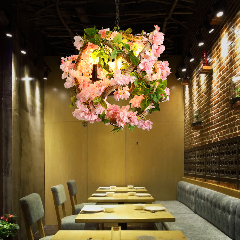 Pink Cage Chandelier Lighting Industrial Iron Restaurant Pendant Light with Artificial Cherry Blossom Clearhalo 'Cast Iron' 'Ceiling Lights' 'Chandeliers' 'Industrial Chandeliers' 'Industrial' 'Metal' 'Middle Century Chandeliers' 'Rustic Chandeliers' 'Tiffany' Lighting' 2064098