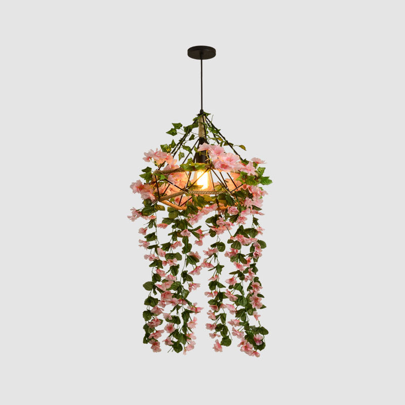 Pink Cage Chandelier Lighting Industrial Iron Restaurant Pendant Light with Artificial Cherry Blossom Clearhalo 'Cast Iron' 'Ceiling Lights' 'Chandeliers' 'Industrial Chandeliers' 'Industrial' 'Metal' 'Middle Century Chandeliers' 'Rustic Chandeliers' 'Tiffany' Lighting' 2064099