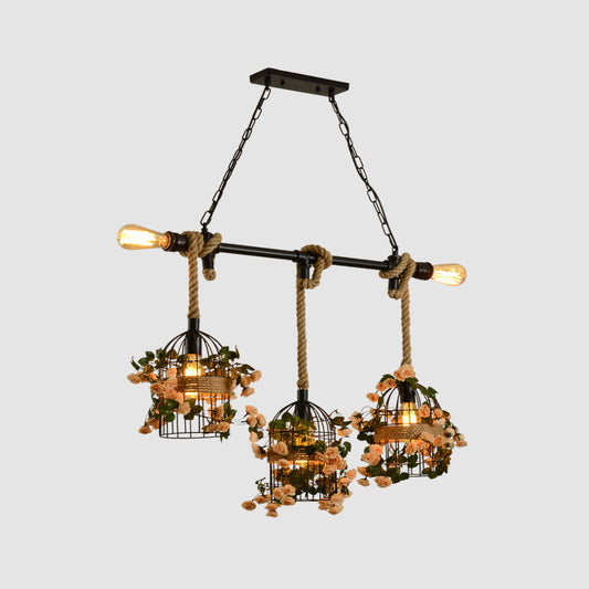 Pink Cage Chandelier Lighting Industrial Iron Restaurant Pendant Light with Artificial Cherry Blossom Clearhalo 'Cast Iron' 'Ceiling Lights' 'Chandeliers' 'Industrial Chandeliers' 'Industrial' 'Metal' 'Middle Century Chandeliers' 'Rustic Chandeliers' 'Tiffany' Lighting' 2064101
