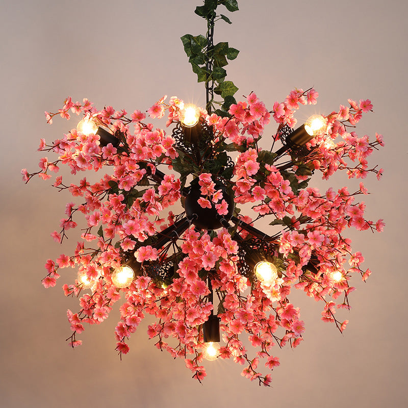 13 Heads Iron Ceiling Lighting Vintage Pink Starburst Restaurant Chandelier Light Fixture with Cherry Blossom Decor Clearhalo 'Cast Iron' 'Ceiling Lights' 'Chandeliers' 'Industrial Chandeliers' 'Industrial' 'Metal' 'Middle Century Chandeliers' 'Rustic Chandeliers' 'Tiffany' Lighting' 2064106
