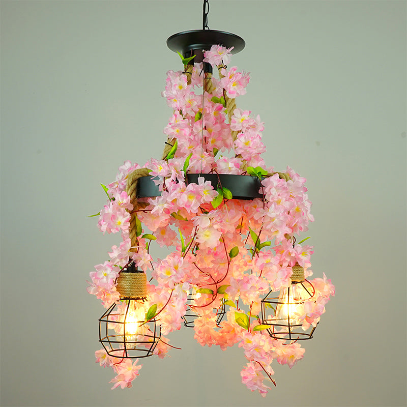 Antique Grenade Cage Chandelier Light 3 Heads Iron Pendant Light Fixture with Plant Decor for Restaurant Pink Clearhalo 'Cast Iron' 'Ceiling Lights' 'Chandeliers' 'Industrial Chandeliers' 'Industrial' 'Metal' 'Middle Century Chandeliers' 'Rustic Chandeliers' 'Tiffany' Lighting' 2064109