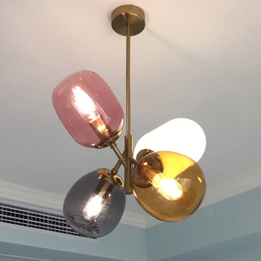 Brass Round Pendant Lighting Traditional Colorful Glass 4 Lights Living Room Chandelier with Sputnik Design Clearhalo 'Ceiling Lights' 'Chandeliers' 'Glass shade' 'Glass' Lighting' 206410