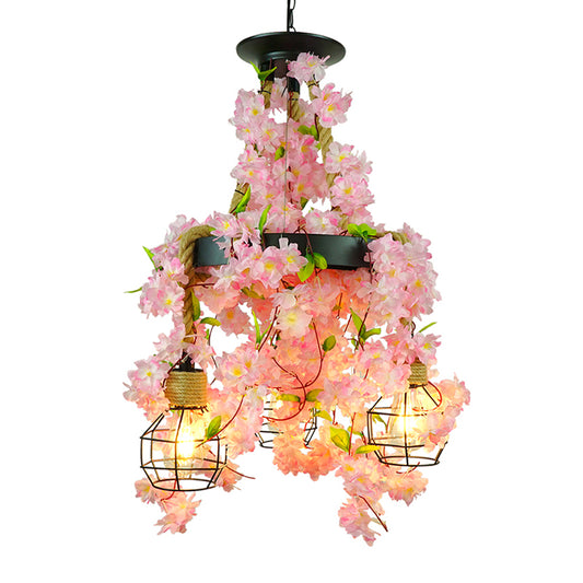 Antique Grenade Cage Chandelier Light 3 Heads Iron Pendant Light Fixture with Plant Decor for Restaurant Clearhalo 'Cast Iron' 'Ceiling Lights' 'Chandeliers' 'Industrial Chandeliers' 'Industrial' 'Metal' 'Middle Century Chandeliers' 'Rustic Chandeliers' 'Tiffany' Lighting' 2064110