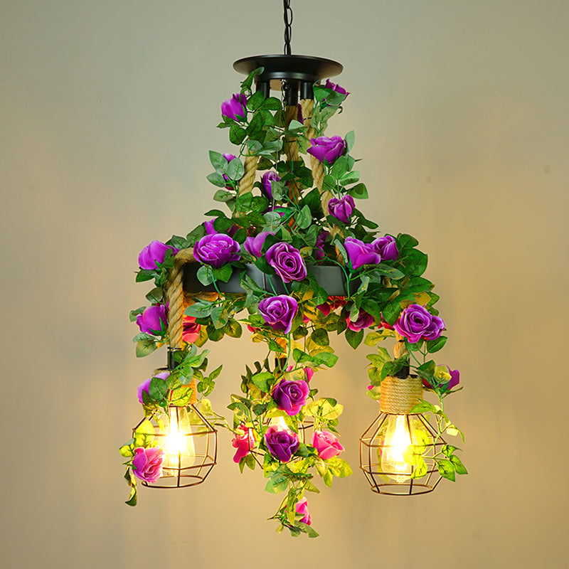 Antique Grenade Cage Chandelier Light 3 Heads Iron Pendant Light Fixture with Plant Decor for Restaurant Purple Clearhalo 'Cast Iron' 'Ceiling Lights' 'Chandeliers' 'Industrial Chandeliers' 'Industrial' 'Metal' 'Middle Century Chandeliers' 'Rustic Chandeliers' 'Tiffany' Lighting' 2064114