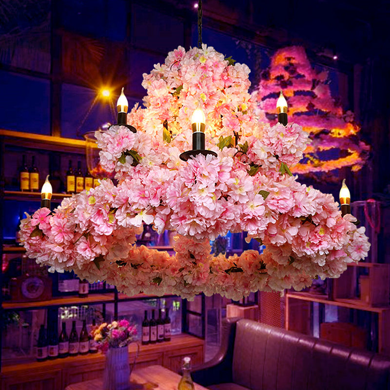 9 Bulbs Suspension Light Rustic Candlestick Metallic Chandelier Light with Cherry Blossom Decor in Pink Pink Clearhalo 'Cast Iron' 'Ceiling Lights' 'Chandeliers' 'Industrial Chandeliers' 'Industrial' 'Metal' 'Middle Century Chandeliers' 'Rustic Chandeliers' 'Tiffany' Lighting' 2064117