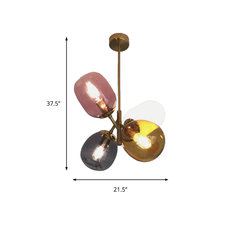 Brass Round Pendant Lighting Traditional Colorful Glass 4 Lights Living Room Chandelier with Sputnik Design Clearhalo 'Ceiling Lights' 'Chandeliers' 'Glass shade' 'Glass' Lighting' 206412