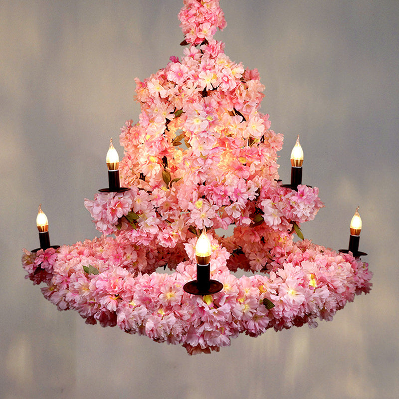 9 Bulbs Suspension Light Rustic Candlestick Metallic Chandelier Light with Cherry Blossom Decor in Pink Clearhalo 'Cast Iron' 'Ceiling Lights' 'Chandeliers' 'Industrial Chandeliers' 'Industrial' 'Metal' 'Middle Century Chandeliers' 'Rustic Chandeliers' 'Tiffany' Lighting' 2064120