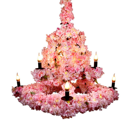 9 Bulbs Suspension Light Rustic Candlestick Metallic Chandelier Light with Cherry Blossom Decor in Pink Clearhalo 'Cast Iron' 'Ceiling Lights' 'Chandeliers' 'Industrial Chandeliers' 'Industrial' 'Metal' 'Middle Century Chandeliers' 'Rustic Chandeliers' 'Tiffany' Lighting' 2064121