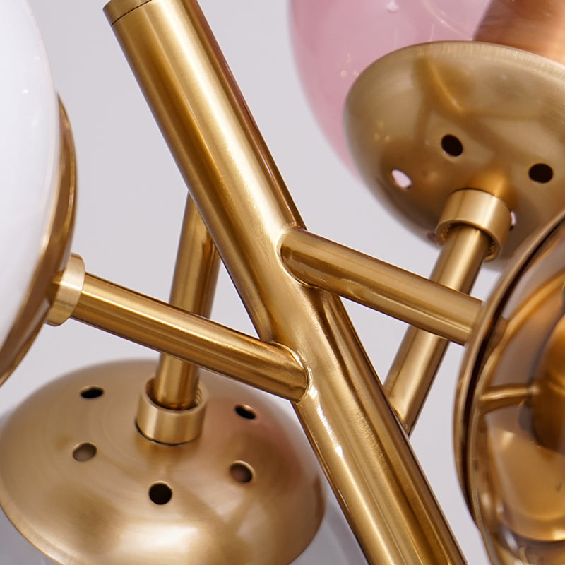 Brass Round Pendant Lighting Traditional Colorful Glass 4 Lights Living Room Chandelier with Sputnik Design Clearhalo 'Ceiling Lights' 'Chandeliers' 'Glass shade' 'Glass' Lighting' 206413