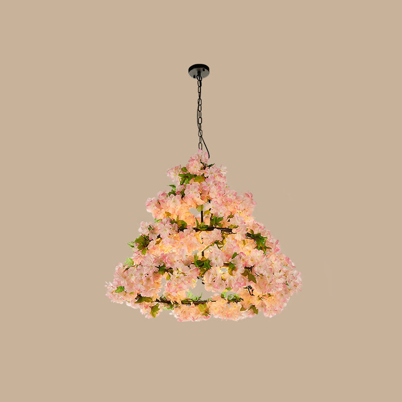 Iron Cone Cage Ceiling Lighting Industrial Restaurant Chandelier Light Fixture with Artificial Flower Clearhalo 'Cast Iron' 'Ceiling Lights' 'Chandeliers' 'Industrial Chandeliers' 'Industrial' 'Metal' 'Middle Century Chandeliers' 'Rustic Chandeliers' 'Tiffany' Lighting' 2064130