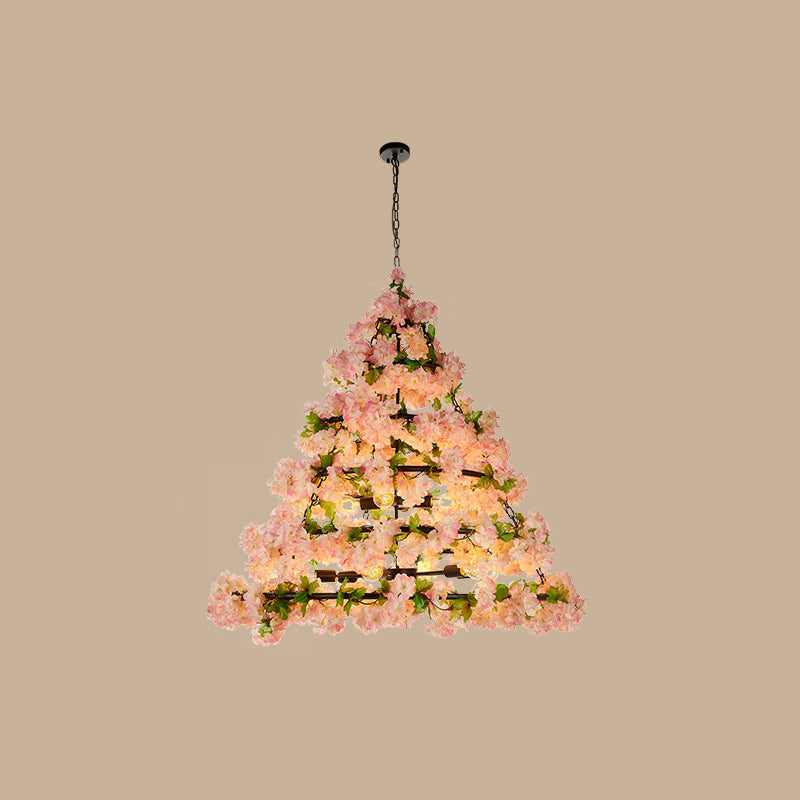 Iron Cone Cage Ceiling Lighting Industrial Restaurant Chandelier Light Fixture with Artificial Flower Light Pink 5 Tiers Clearhalo 'Cast Iron' 'Ceiling Lights' 'Chandeliers' 'Industrial Chandeliers' 'Industrial' 'Metal' 'Middle Century Chandeliers' 'Rustic Chandeliers' 'Tiffany' Lighting' 2064133