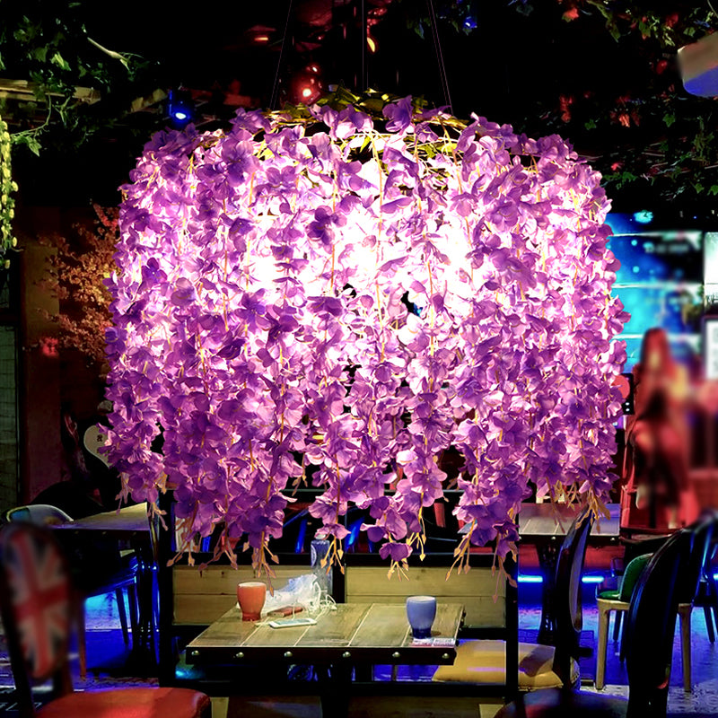 Vintage Wagon Wheel Chandelier Pendant Light 3 Bulbs Iron Hanging Light with Artificial Flower Vine Purple Clearhalo 'Cast Iron' 'Ceiling Lights' 'Chandeliers' 'Industrial Chandeliers' 'Industrial' 'Metal' 'Middle Century Chandeliers' 'Rustic Chandeliers' 'Tiffany' Lighting' 2064136