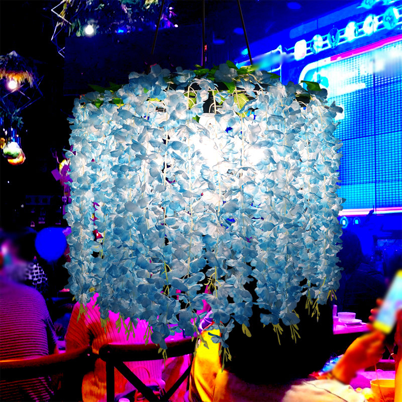 Vintage Wagon Wheel Chandelier Pendant Light 3 Bulbs Iron Hanging Light with Artificial Flower Vine Blue Clearhalo 'Cast Iron' 'Ceiling Lights' 'Chandeliers' 'Industrial Chandeliers' 'Industrial' 'Metal' 'Middle Century Chandeliers' 'Rustic Chandeliers' 'Tiffany' Lighting' 2064138