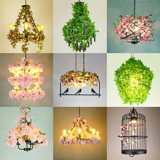 Single-Bulb Pendant Light Antique Cage Iron Hanging Light Fixture with Decorative Plant Clearhalo 'Cast Iron' 'Ceiling Lights' 'Chandeliers' 'Industrial Chandeliers' 'Industrial' 'Metal' 'Middle Century Chandeliers' 'Rustic Chandeliers' 'Tiffany' Lighting' 2064143
