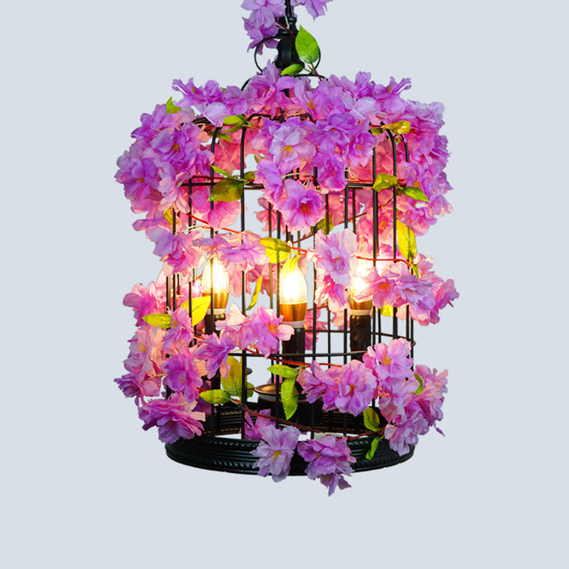 Single-Bulb Pendant Light Antique Cage Iron Hanging Light Fixture with Decorative Plant Purple Clearhalo 'Cast Iron' 'Ceiling Lights' 'Chandeliers' 'Industrial Chandeliers' 'Industrial' 'Metal' 'Middle Century Chandeliers' 'Rustic Chandeliers' 'Tiffany' Lighting' 2064144