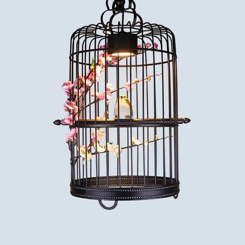 Single-Bulb Pendant Light Antique Cage Iron Hanging Light Fixture with Decorative Plant Purple-Red Clearhalo 'Cast Iron' 'Ceiling Lights' 'Chandeliers' 'Industrial Chandeliers' 'Industrial' 'Metal' 'Middle Century Chandeliers' 'Rustic Chandeliers' 'Tiffany' Lighting' 2064145