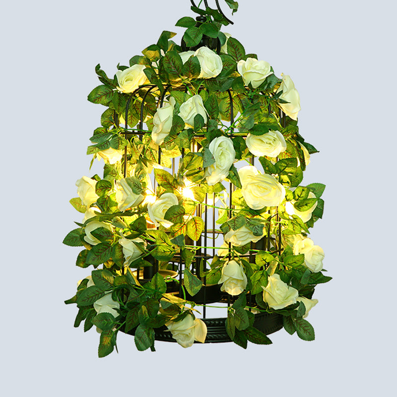 Single-Bulb Pendant Light Antique Cage Iron Hanging Light Fixture with Decorative Plant Lemon Yellow Clearhalo 'Cast Iron' 'Ceiling Lights' 'Chandeliers' 'Industrial Chandeliers' 'Industrial' 'Metal' 'Middle Century Chandeliers' 'Rustic Chandeliers' 'Tiffany' Lighting' 2064147
