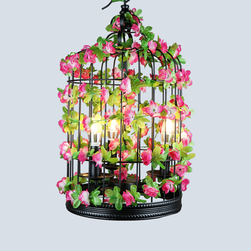 Single-Bulb Pendant Light Antique Cage Iron Hanging Light Fixture with Decorative Plant Burgundy Clearhalo 'Cast Iron' 'Ceiling Lights' 'Chandeliers' 'Industrial Chandeliers' 'Industrial' 'Metal' 'Middle Century Chandeliers' 'Rustic Chandeliers' 'Tiffany' Lighting' 2064148