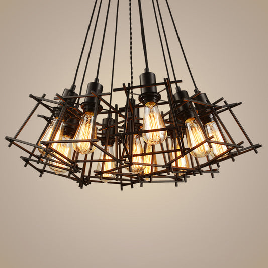 Metal Square Caged Hanging Chandelier Industrial 10-Light Dining Room Pendant Light in Black Clearhalo 'Cast Iron' 'Ceiling Lights' 'Chandeliers' 'Industrial Chandeliers' 'Industrial' 'Metal' 'Middle Century Chandeliers' 'Rustic Chandeliers' 'Tiffany' Lighting' 206417