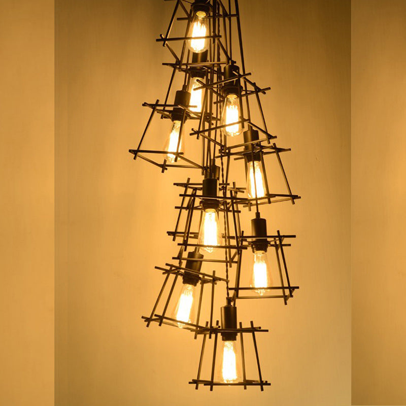Metal Square Caged Hanging Chandelier Industrial 10-Light Dining Room Pendant Light in Black Clearhalo 'Cast Iron' 'Ceiling Lights' 'Chandeliers' 'Industrial Chandeliers' 'Industrial' 'Metal' 'Middle Century Chandeliers' 'Rustic Chandeliers' 'Tiffany' Lighting' 206418