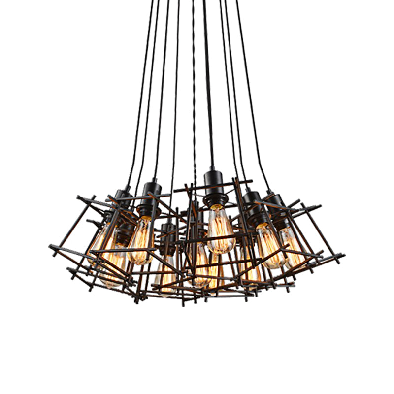 Metal Square Caged Hanging Chandelier Industrial 10-Light Dining Room Pendant Light in Black Clearhalo 'Cast Iron' 'Ceiling Lights' 'Chandeliers' 'Industrial Chandeliers' 'Industrial' 'Metal' 'Middle Century Chandeliers' 'Rustic Chandeliers' 'Tiffany' Lighting' 206419