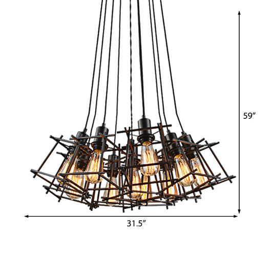 Metal Square Caged Hanging Chandelier Industrial 10-Light Dining Room Pendant Light in Black Clearhalo 'Cast Iron' 'Ceiling Lights' 'Chandeliers' 'Industrial Chandeliers' 'Industrial' 'Metal' 'Middle Century Chandeliers' 'Rustic Chandeliers' 'Tiffany' Lighting' 206420