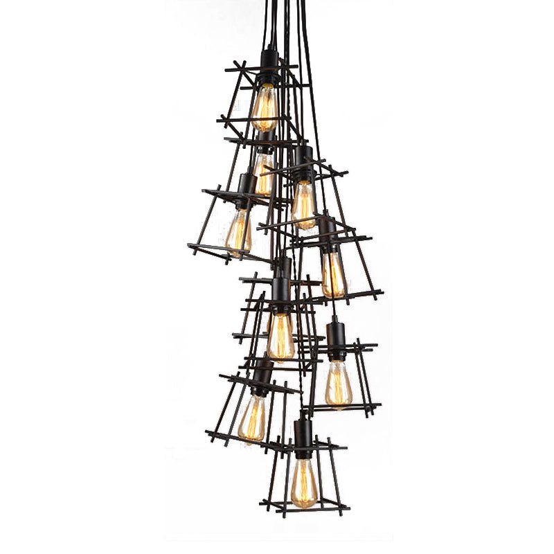 Metal Square Caged Hanging Chandelier Industrial 10-Light Dining Room Pendant Light in Black Clearhalo 'Cast Iron' 'Ceiling Lights' 'Chandeliers' 'Industrial Chandeliers' 'Industrial' 'Metal' 'Middle Century Chandeliers' 'Rustic Chandeliers' 'Tiffany' Lighting' 206421