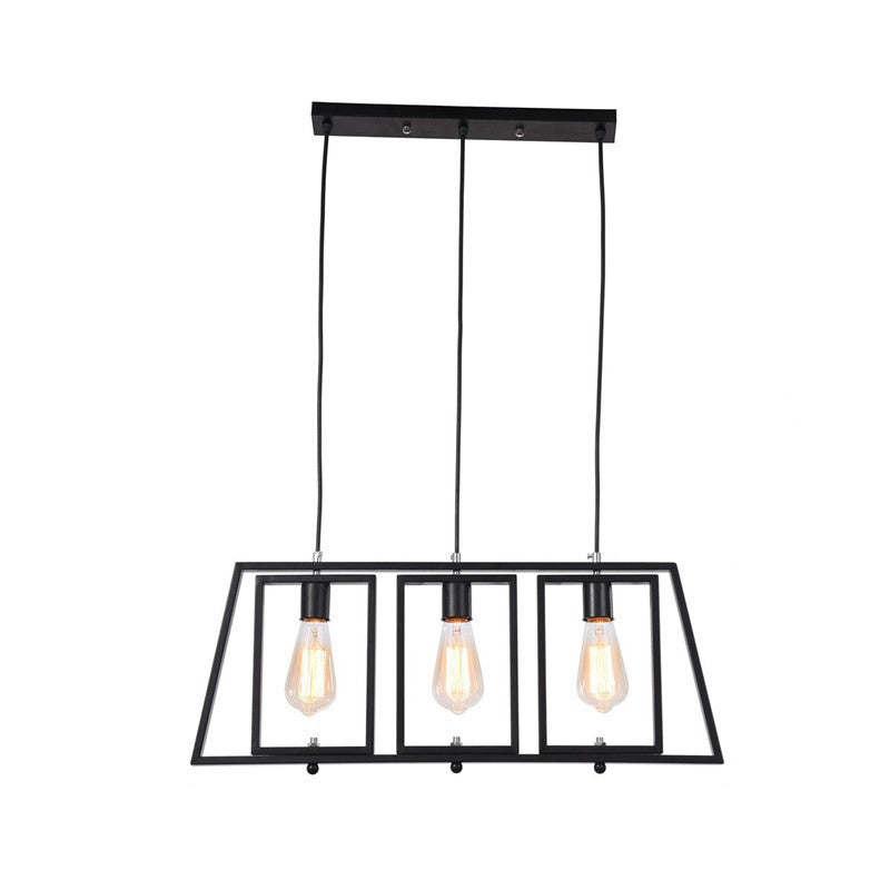 Trapezoid Frame Metal Hanging Pendant Industrial 3 Light Kitchen Island Light Fixture in Black with Rectangle Shade Clearhalo 'Ceiling Lights' 'Island Lights' Lighting' 206424