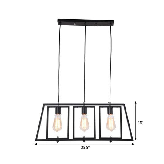 Trapezoid Frame Metal Hanging Pendant Industrial 3 Light Kitchen Island Light Fixture in Black with Rectangle Shade Clearhalo 'Ceiling Lights' 'Island Lights' Lighting' 206425