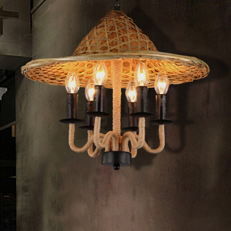 Candle Dining Room Pendant Chandelier Vintage Rope 6 Lights Black Hanging Fixture with Cap Black Clearhalo 'Ceiling Lights' 'Chandeliers' 'Industrial Chandeliers' 'Industrial' 'Middle Century Chandeliers' 'Tiffany' Lighting' 206430