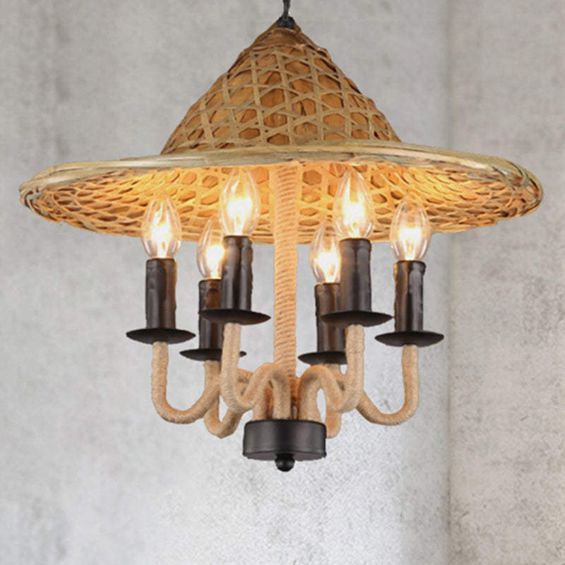 Candle Dining Room Pendant Chandelier Vintage Rope 6 Lights Black Hanging Fixture with Cap Clearhalo 'Ceiling Lights' 'Chandeliers' 'Industrial Chandeliers' 'Industrial' 'Middle Century Chandeliers' 'Tiffany' Lighting' 206431