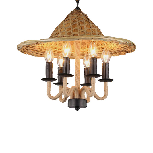Candle Dining Room Pendant Chandelier Vintage Rope 6 Lights Black Hanging Fixture with Cap Clearhalo 'Ceiling Lights' 'Chandeliers' 'Industrial Chandeliers' 'Industrial' 'Middle Century Chandeliers' 'Tiffany' Lighting' 206432