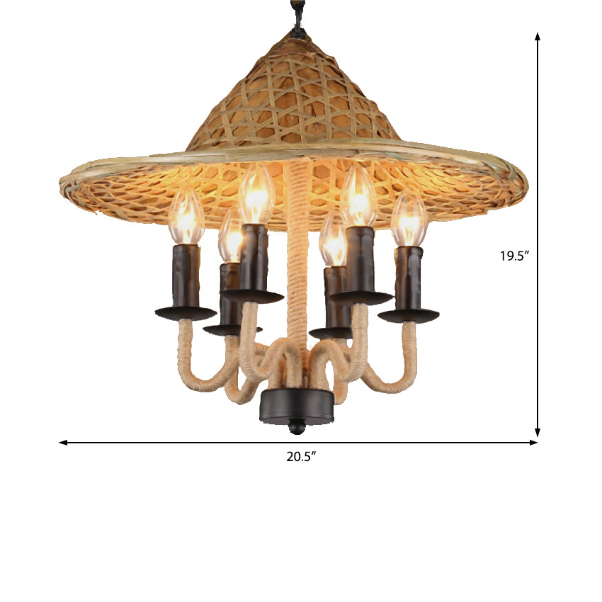 Candle Dining Room Pendant Chandelier Vintage Rope 6 Lights Black Hanging Fixture with Cap Clearhalo 'Ceiling Lights' 'Chandeliers' 'Industrial Chandeliers' 'Industrial' 'Middle Century Chandeliers' 'Tiffany' Lighting' 206433