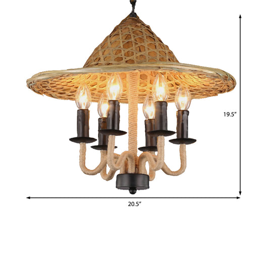 Candle Dining Room Pendant Chandelier Vintage Rope 6 Lights Black Hanging Fixture with Cap Clearhalo 'Ceiling Lights' 'Chandeliers' 'Industrial Chandeliers' 'Industrial' 'Middle Century Chandeliers' 'Tiffany' Lighting' 206433