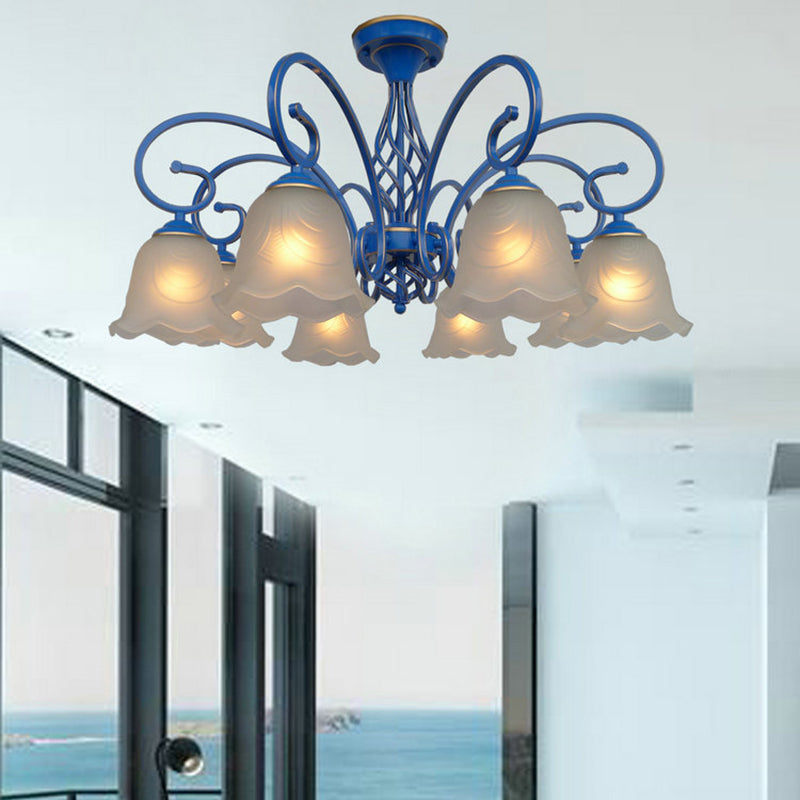 5/6/8 Bulbs Flared Chandelier Light Traditional Frosted Glass Hanging Ceiling Fixture in Blue 8 Blue Clearhalo 'Ceiling Lights' 'Chandeliers' 'Glass shade' 'Glass' Lighting' 206442